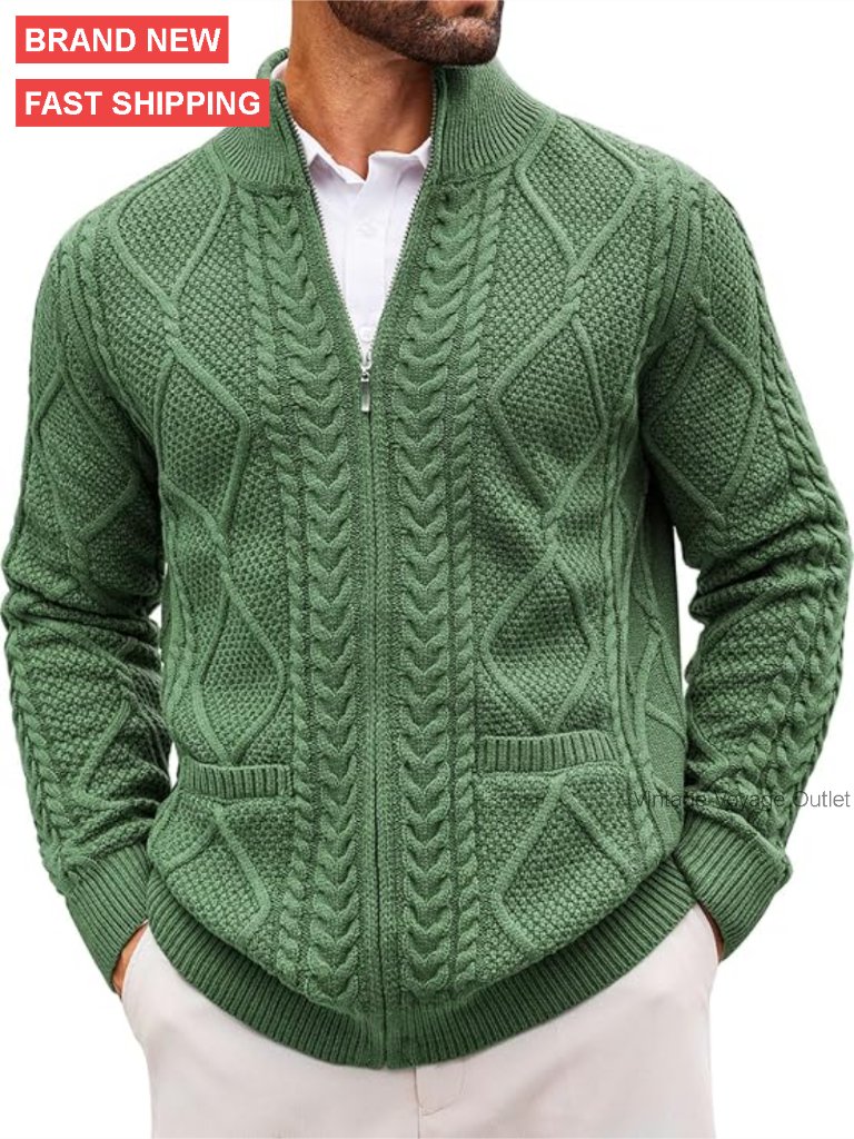 Men's Cable Knit Cardigan Sweater Full Zip Mock Neck Ribbed Casual Winter